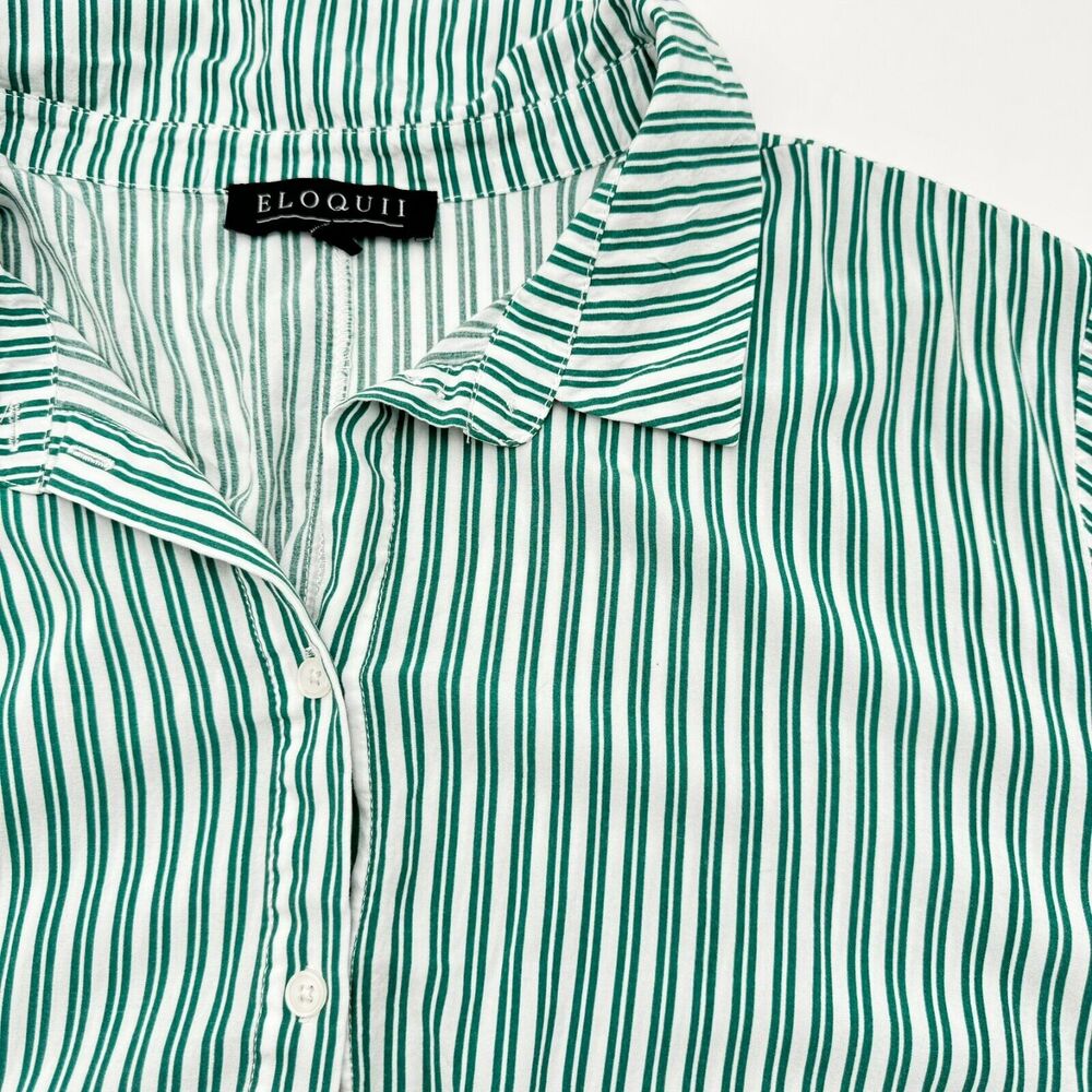 ELOQUII Women's 20‎ Green White Stripe Button Front Peplum Asymmetrical Hem Top